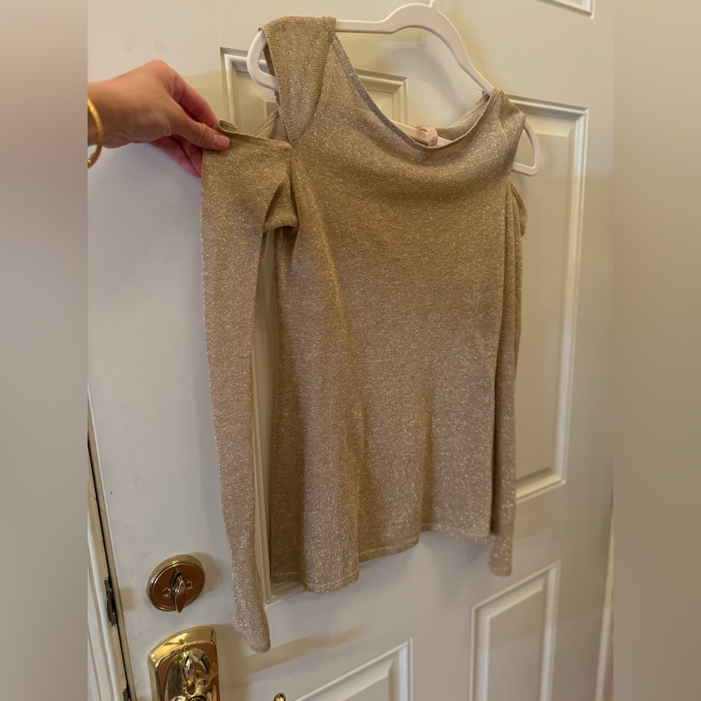Bailey 44 black sabbath top gold sparkle cold shoulder S $125 sweater l/s linen - Picture 4 of 10